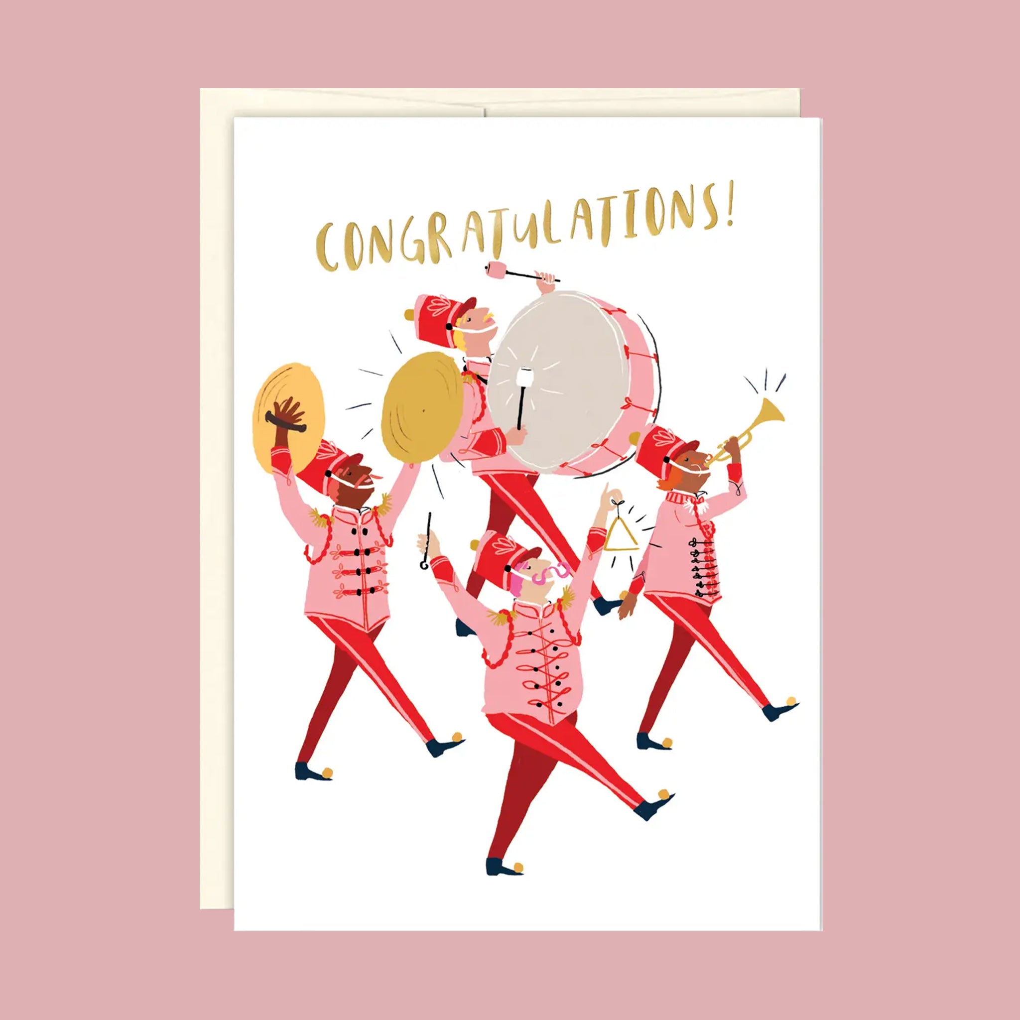 A white card with an illustration of a marching band in pink and red outfits with text above that reads, &#39;Congratulations!&#39;. 