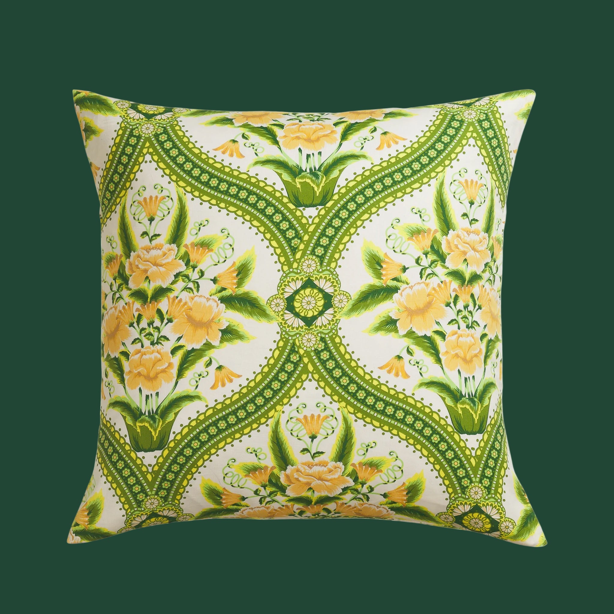 A pillowcase set with a green and yellow floral print. 