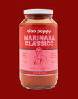 A glass jar of marinara with text that reads, 'ciao pappy Marinara Classico'. 