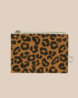 A brown and black leopard print canvas coin purse. 