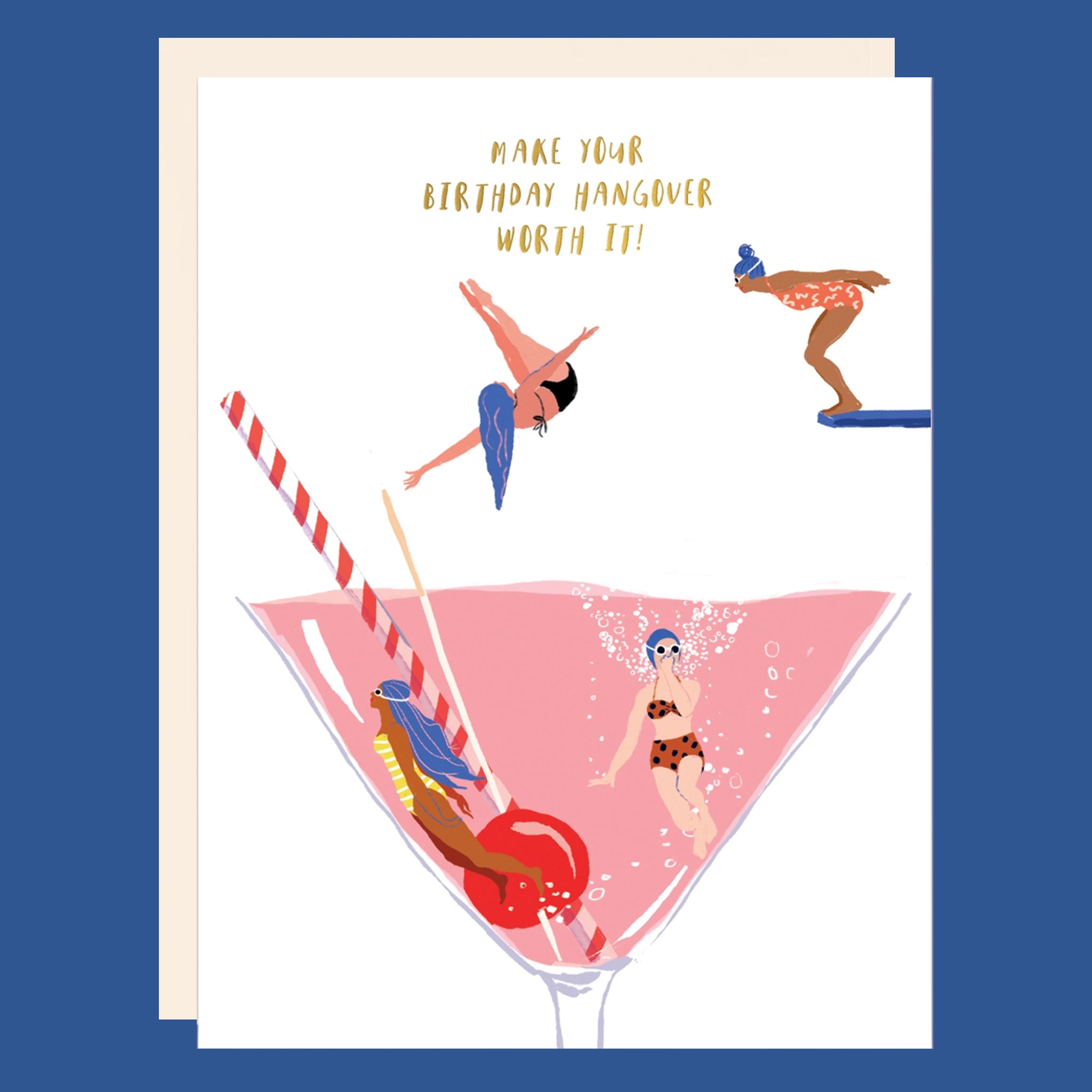 A white card with a graphic of a martini glass and divers swimming in it with text that reads, &#39;Make Your Hangover Worth It&#39;. 