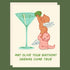 A cream card and envelope with a graphic of baby angels lifting an olive into a martini glass and text that reads, 'May Olive Your Birthday Dreams Come True'. 