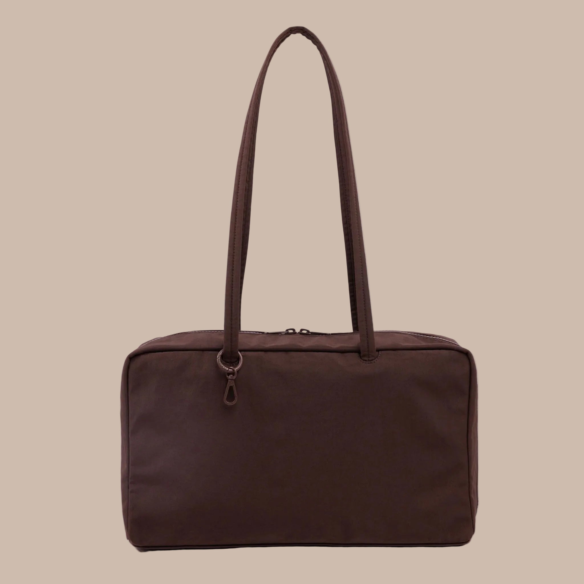 A brown nylon rectangle shoulder bag. 