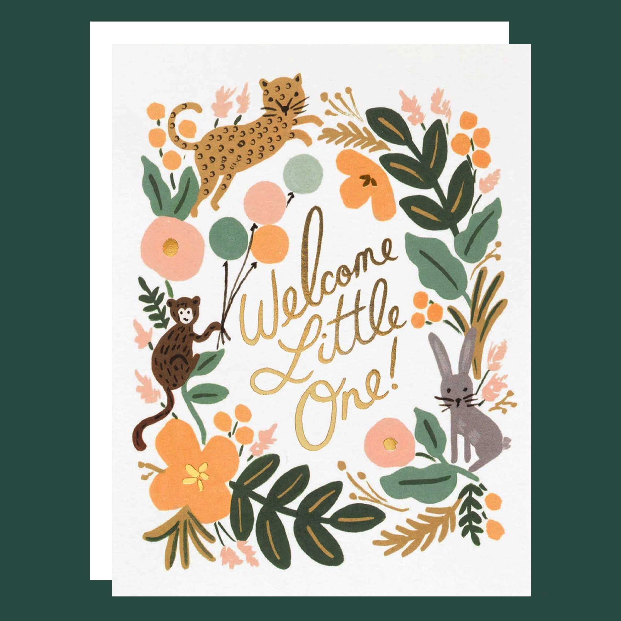 On a pink background is a white envelope with multi colored jungle border and gold foiled text in the center that reads, &quot;Welcome Little One&quot;. 