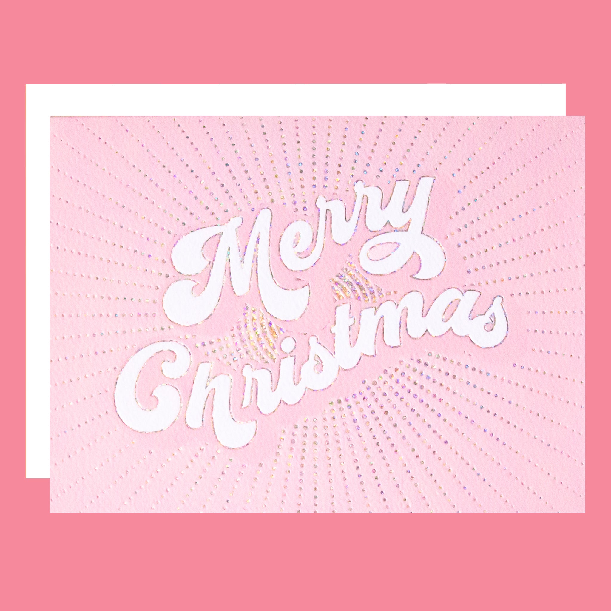 Pink Christmas card with 'Merry Christmas' text on a pink background