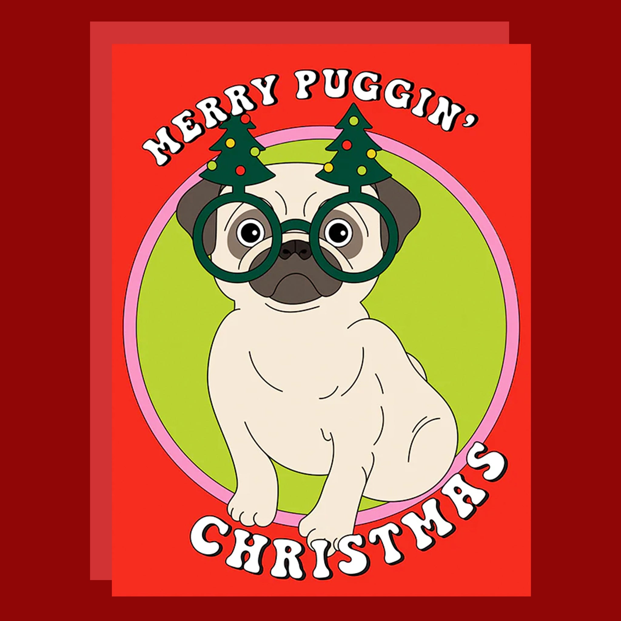 Christmas card with a pug wearing glasses and Christmas hats on a red background