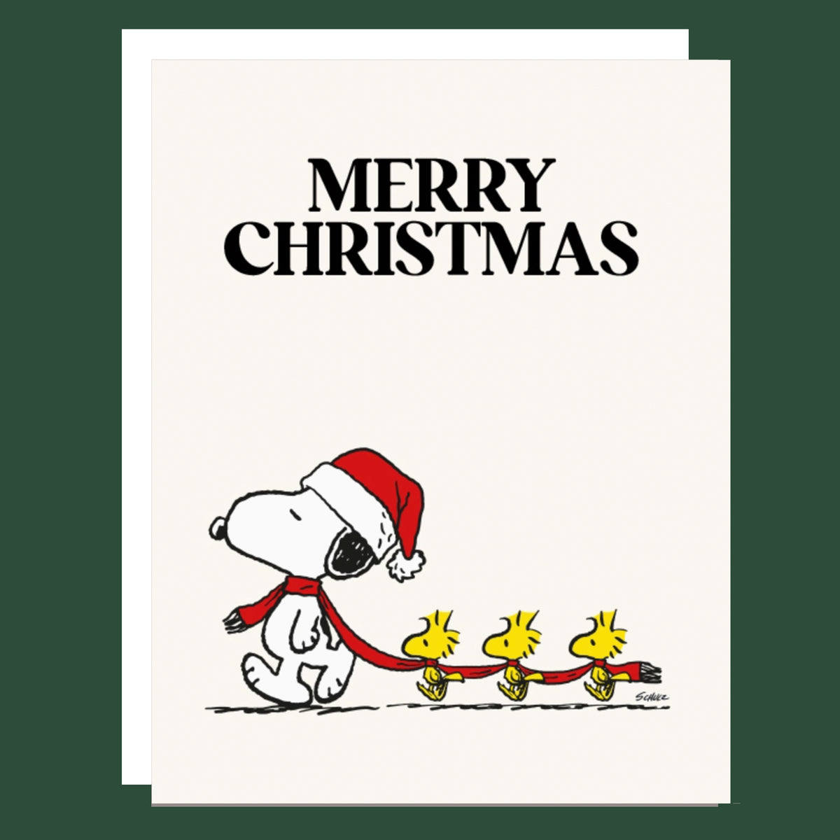 Merry Christmas with a illustration of Snoopy and Woodstock. 