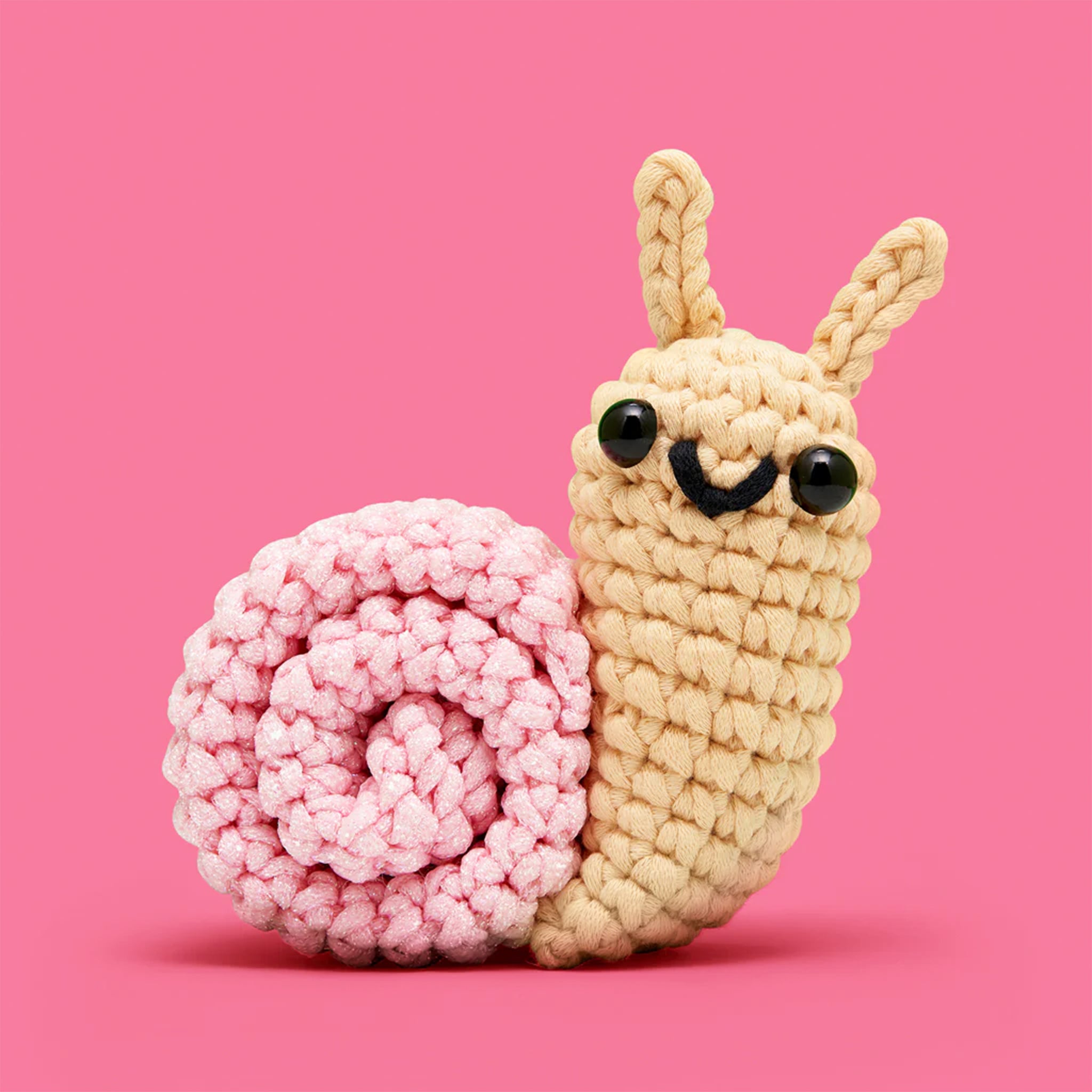 A crochet kit that makes a snail with a pink shell and smiling face. 