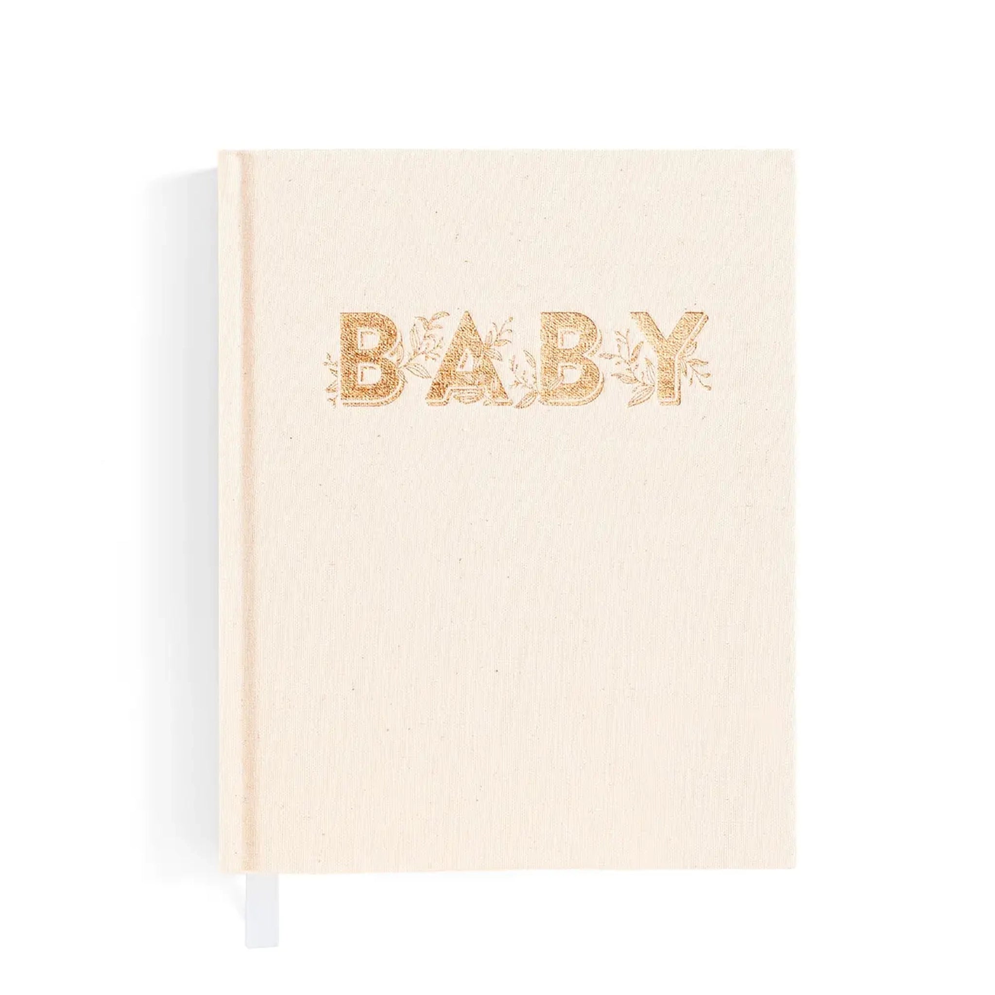 On a white background is an ivory book that read, "BABY" on the front cover in gold letters. 
