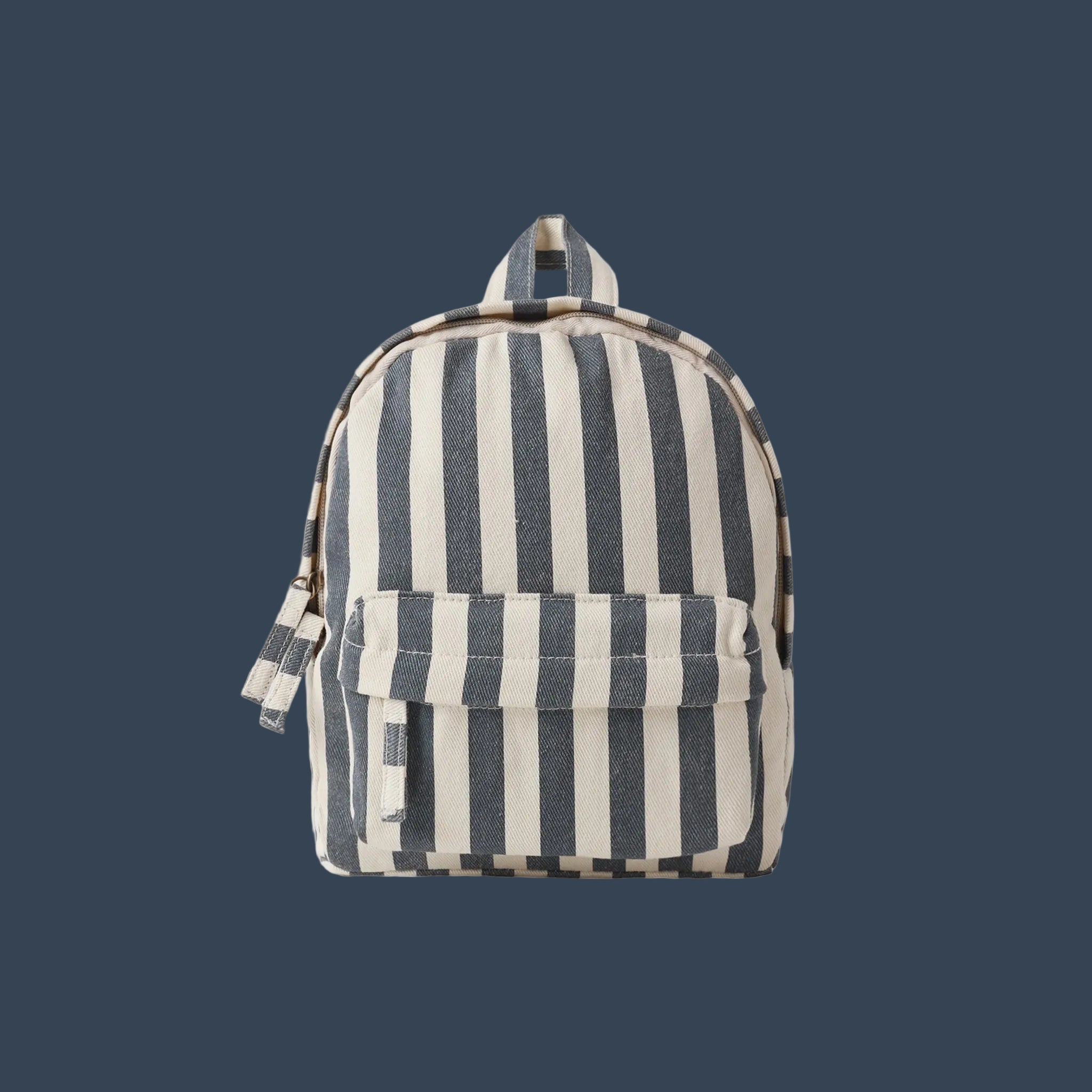 A navy and cream striped mini backpack. 