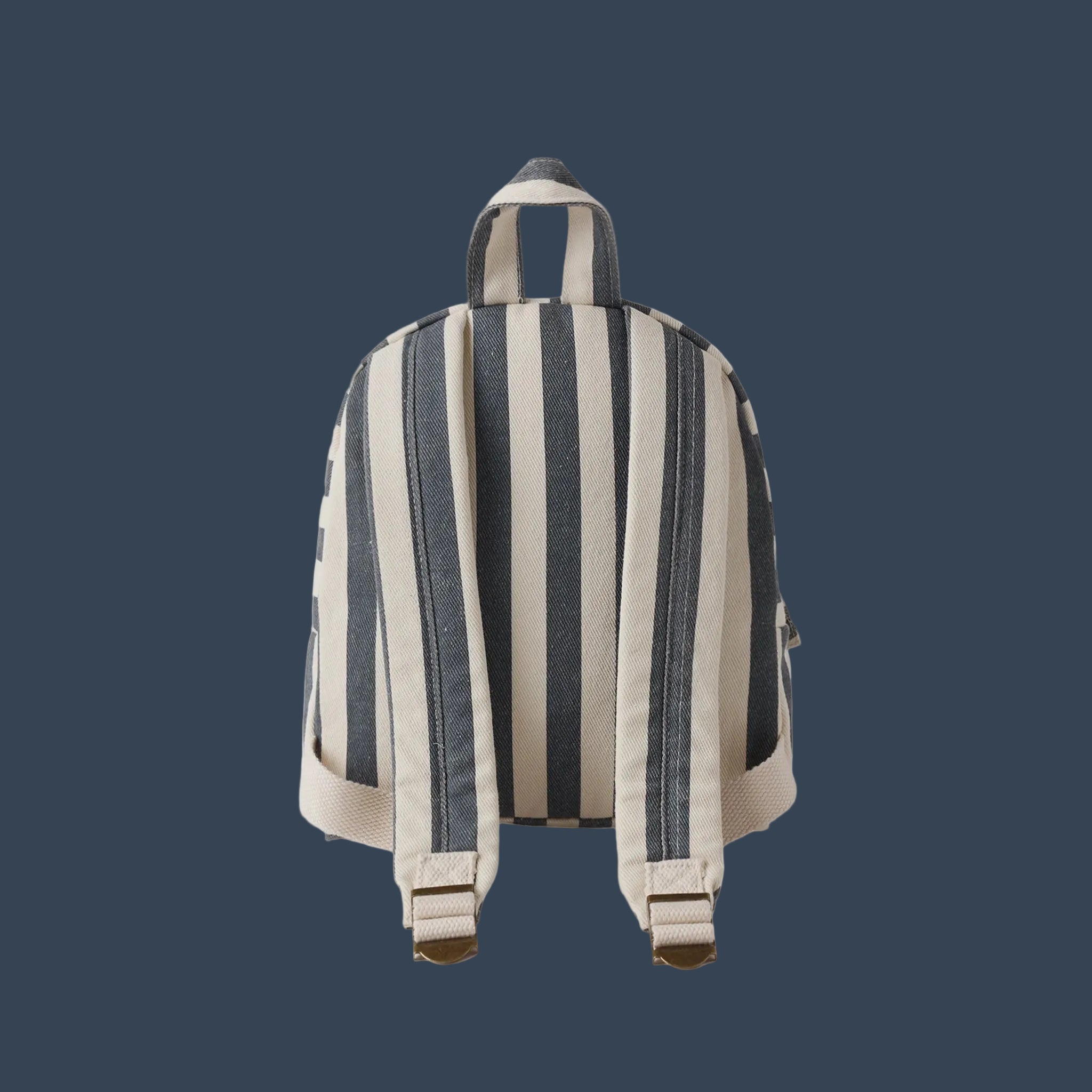 A navy and cream striped mini backpack. 