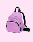  A cool toned pinkish purple mini nylon backpack with black straps and details. 