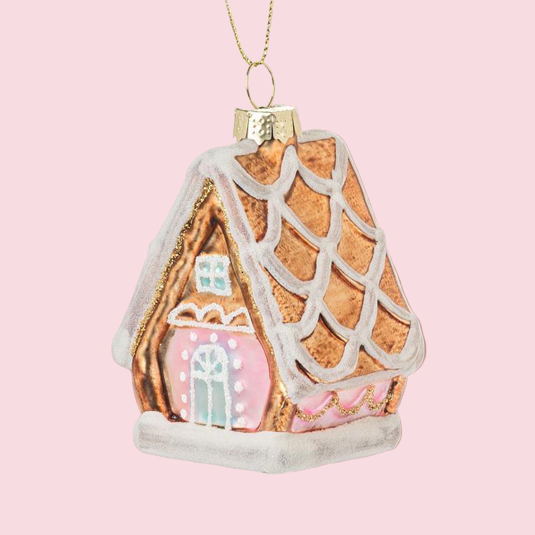 A sparkle and metalic mini gingerbread house shaped ornament. 