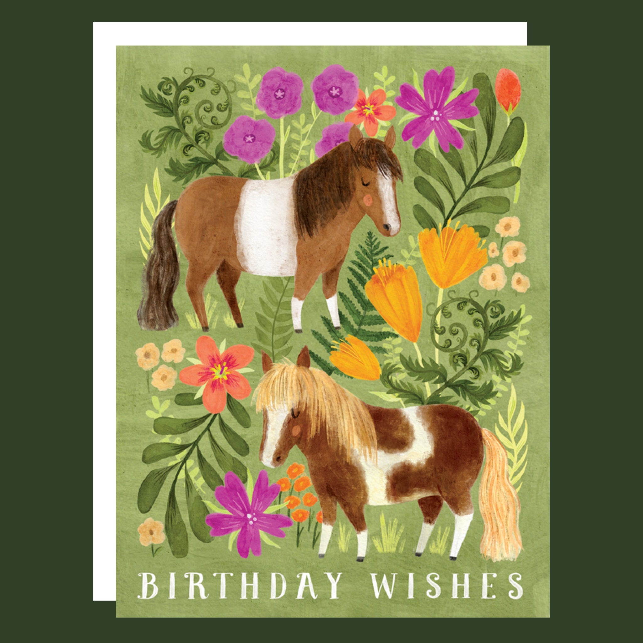 Greeting card with two brown and white mini ponies in a field with colorful flowers. The card reads "Birthday Wishes".