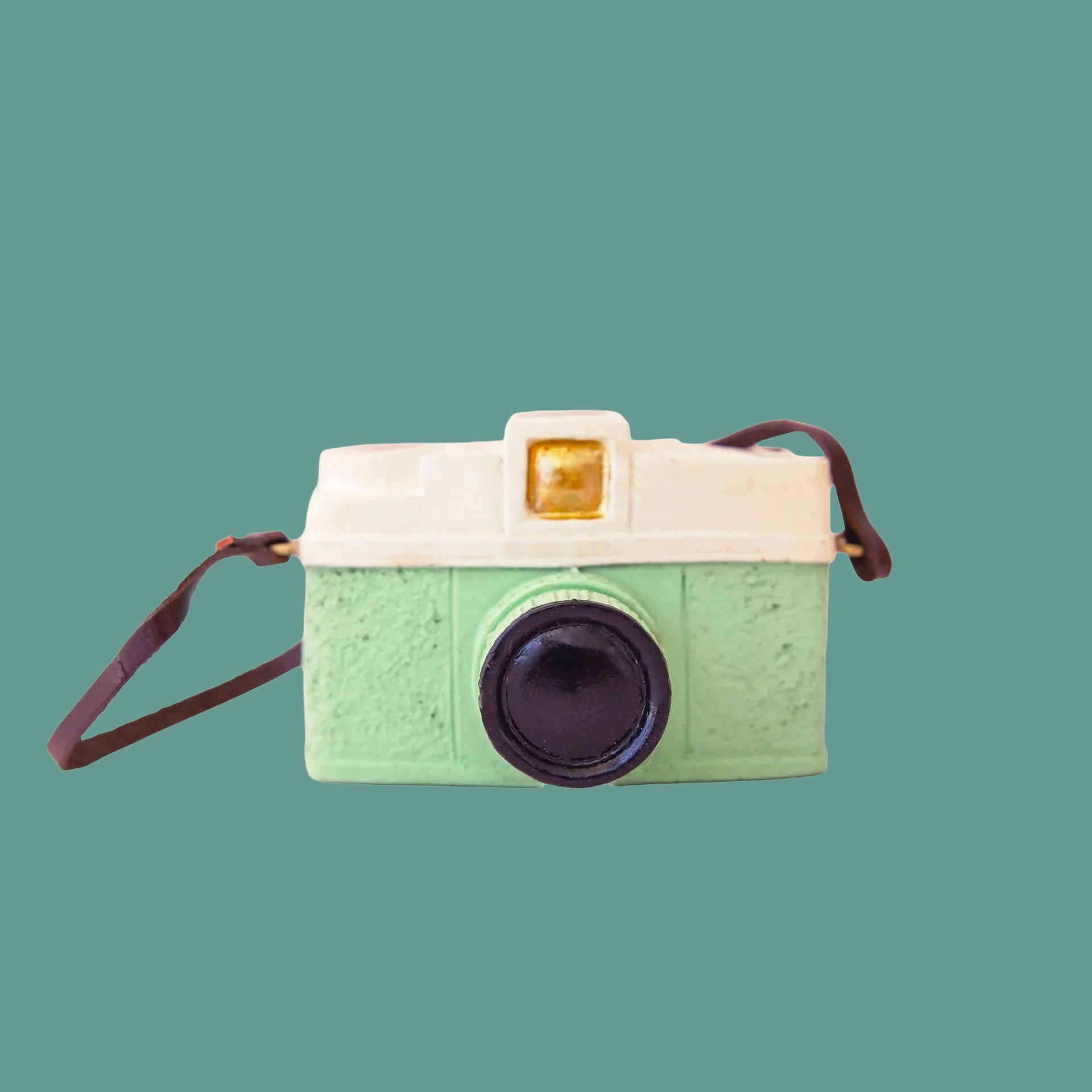 A mint colored camera shaped ornament with a black strap on a mint green background.
