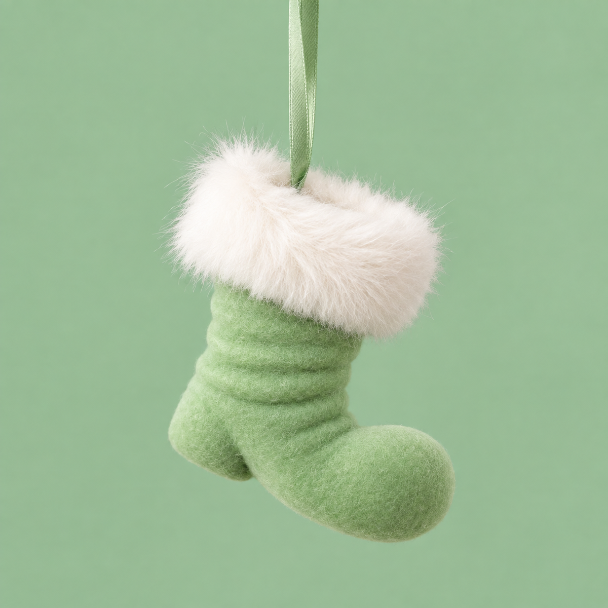 A small Christmas stocking ornament in light green with a fluffy white faux-fur trim and a green ribbon hanger, shown against a solid light green background.
