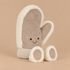 a mitten shaped plush toy with a smiling face. 