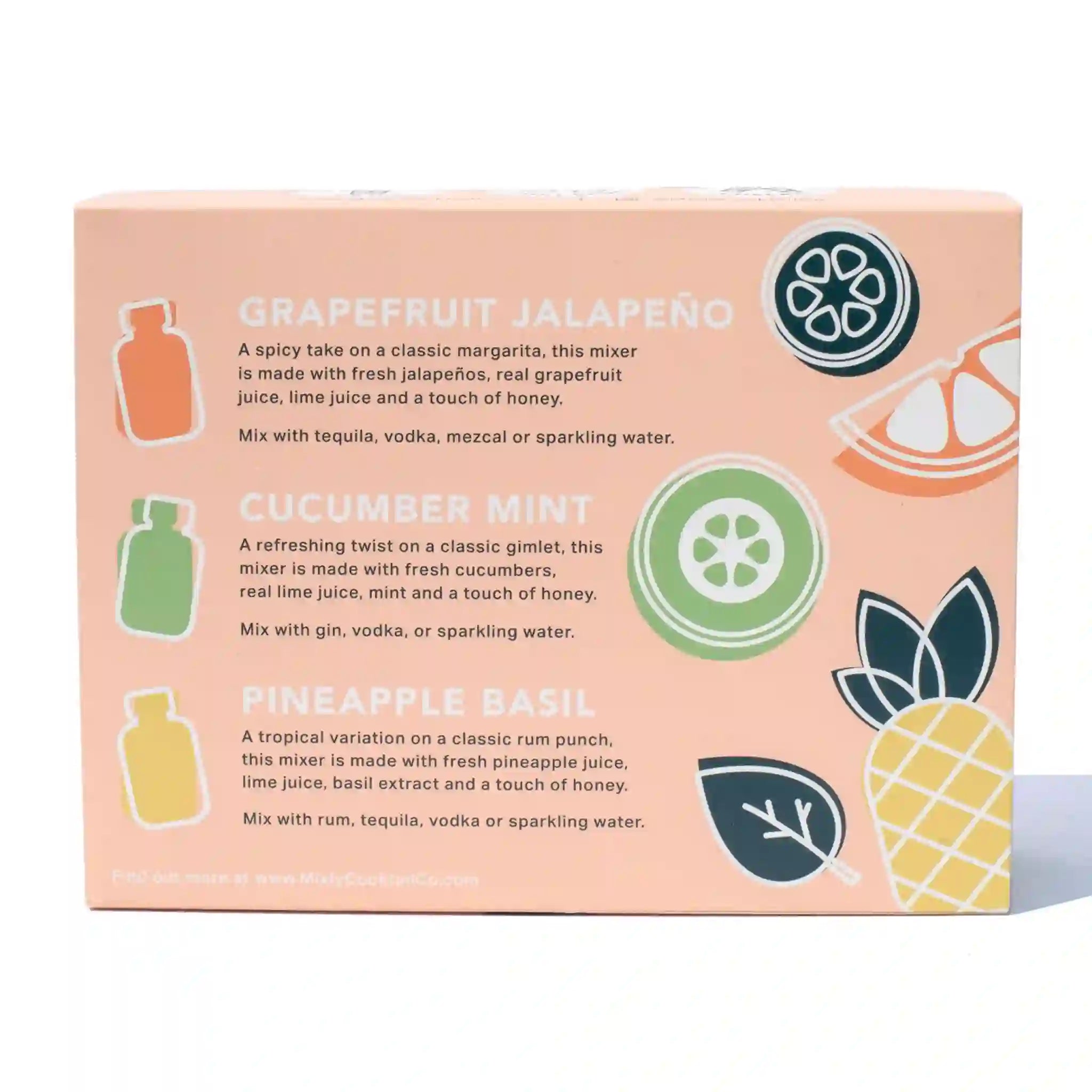 On a white background is the backside of the box with informative information about each cocktail mix including Grapefruit Jalapeño, Cucumber Mint, and Pineapple Basil. 