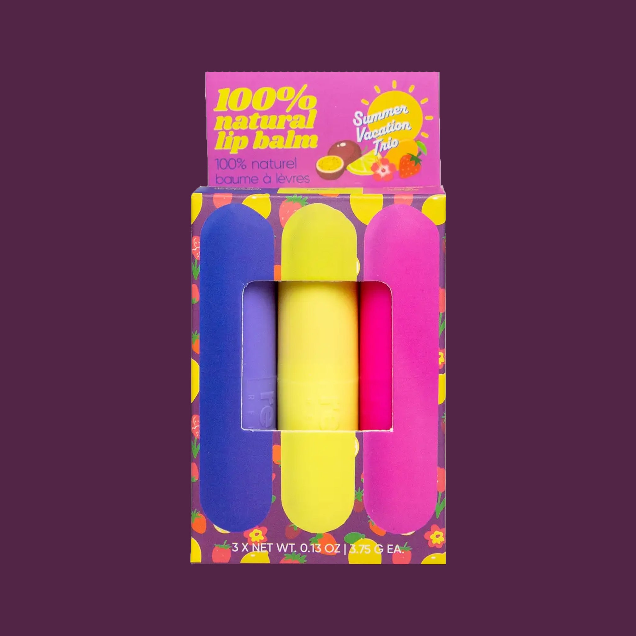 A pack of three mocktail inspired lip balms with colorful exteriors and text that reads, '100% natural lip balms'. 