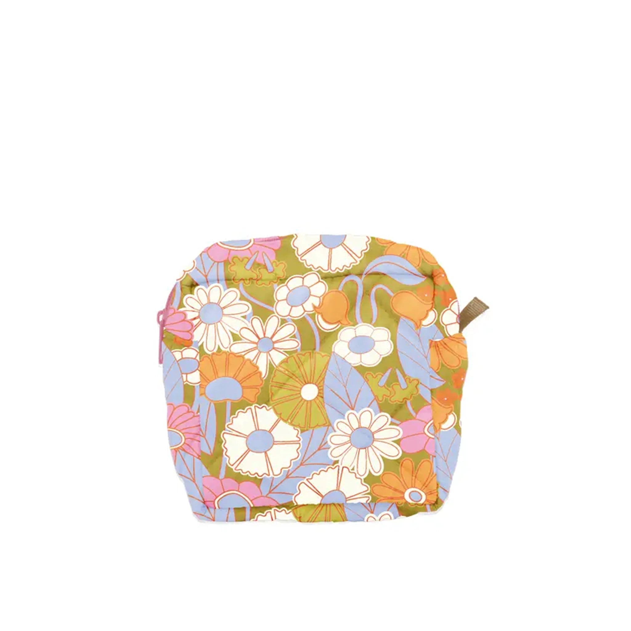 A quilted puffy pouch in a multi-colored floral design with a zipper closure.
