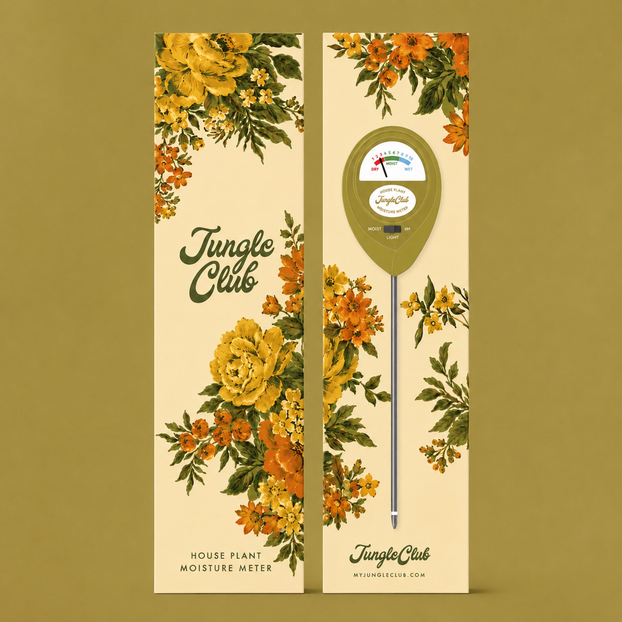 A green moisture meter in a beautiful floral designed box.