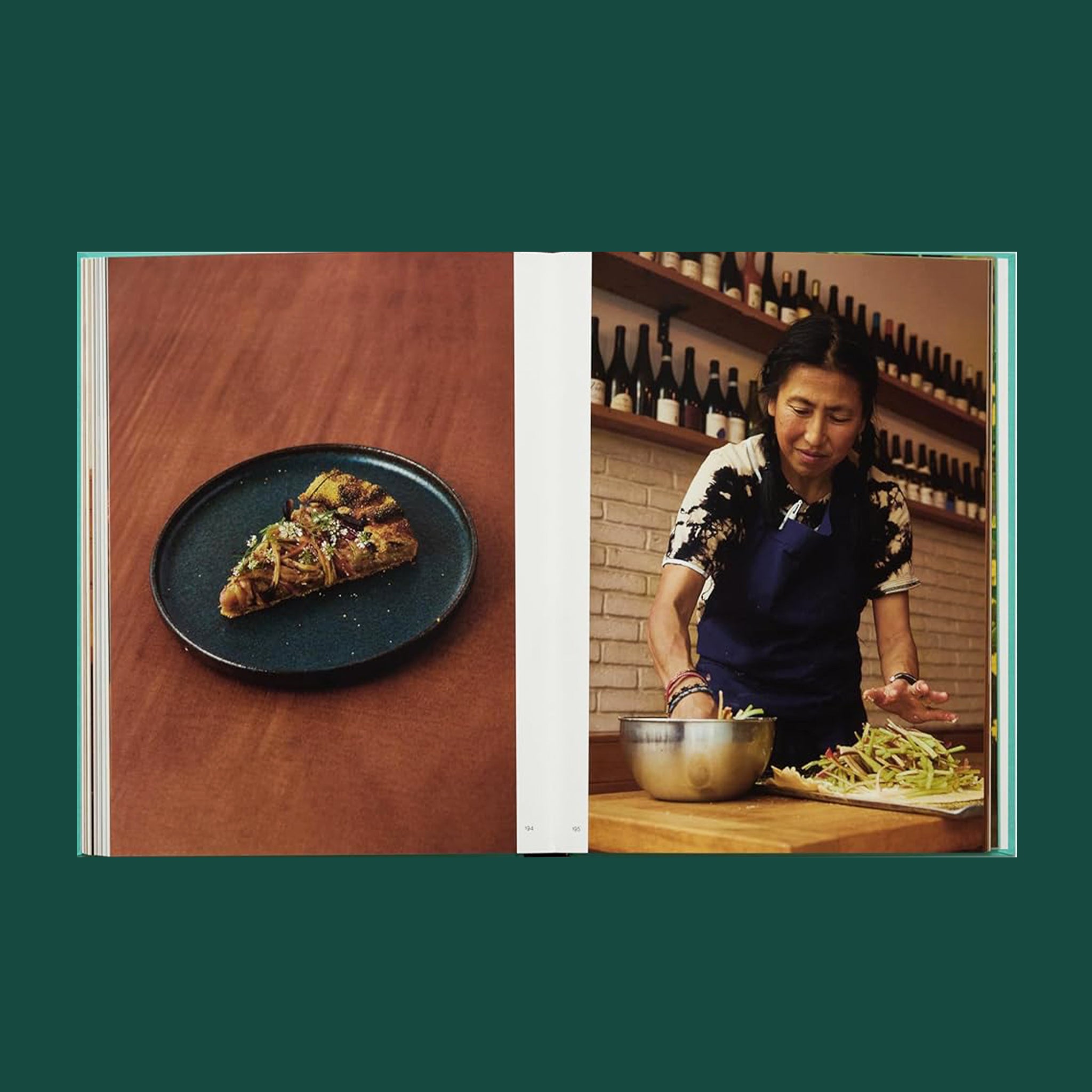 The interior of the book with images of food dishes and a chef. 