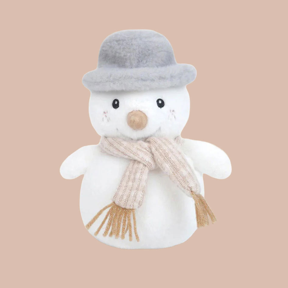 A white snowman shaped stuffed toy with a neutral scarf and a grey fuzzy top hat. 