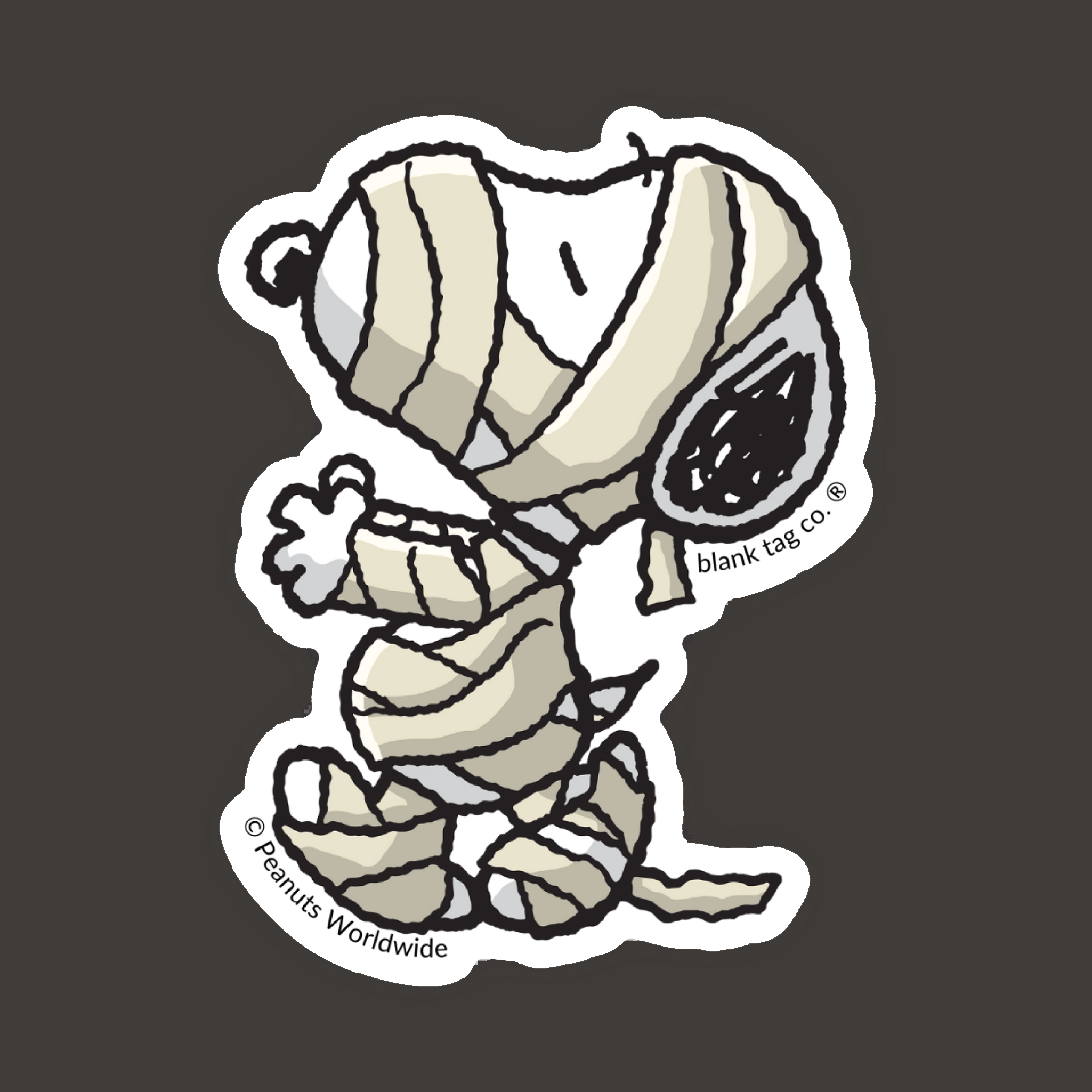 A sticker of Snoopy dressed as a mummy.