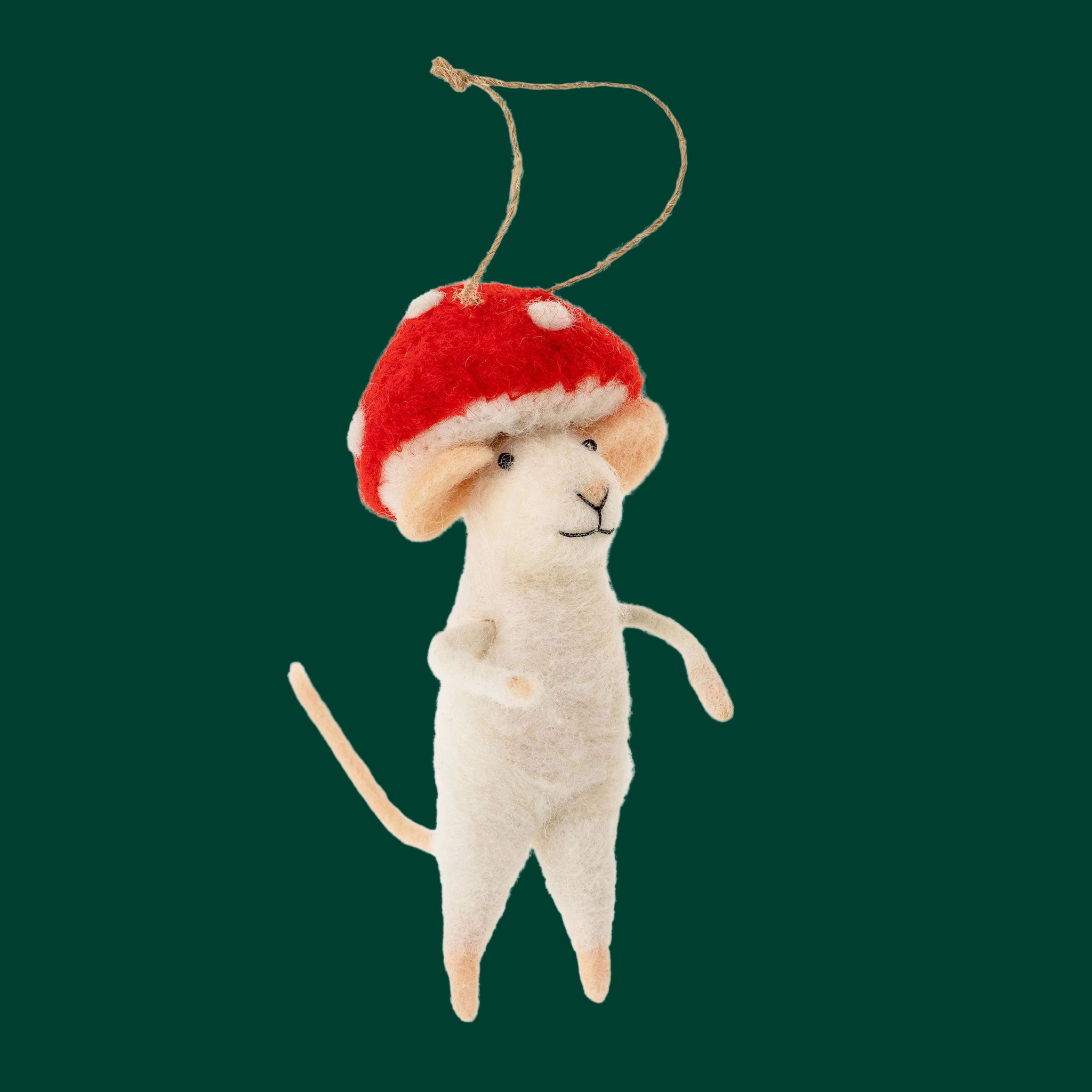 A felted mouse ornament with a red mushroom on it's head.