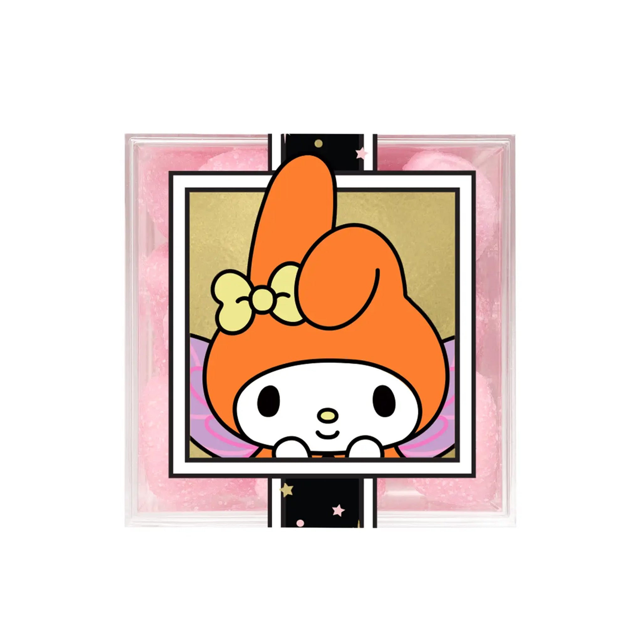 A clear acrylic case of pink bon bon candies with a My Melody design on the front. 