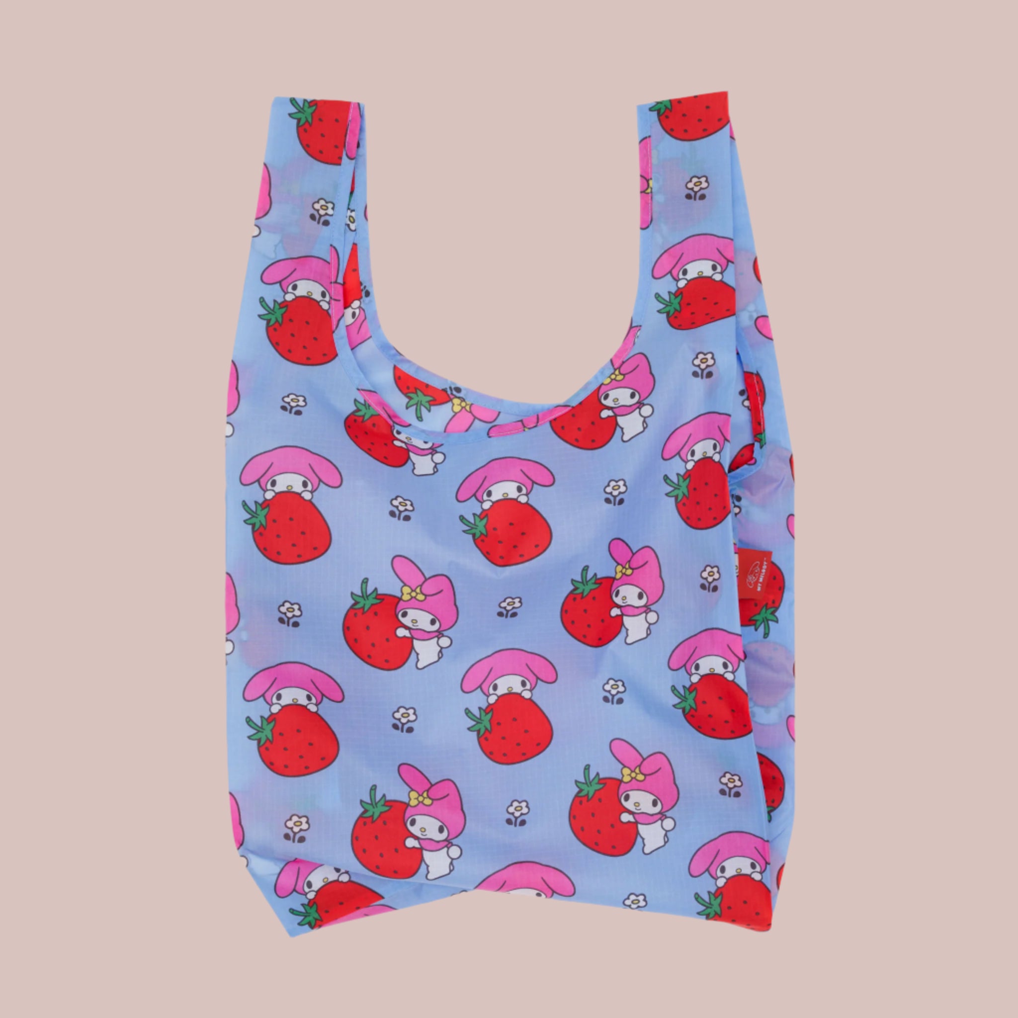 A blue nylon bag with a red and pink My Melody Strawberry print. 