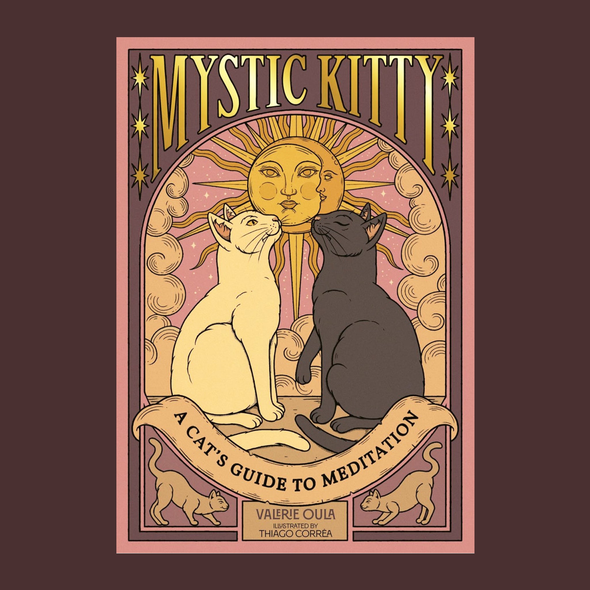 A book cover with two kats and text that reads, 'Mystic Kitty A Cat's Guide To Meditation'. 