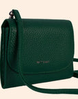 A dark green wallet with a removable crossbody strap. 