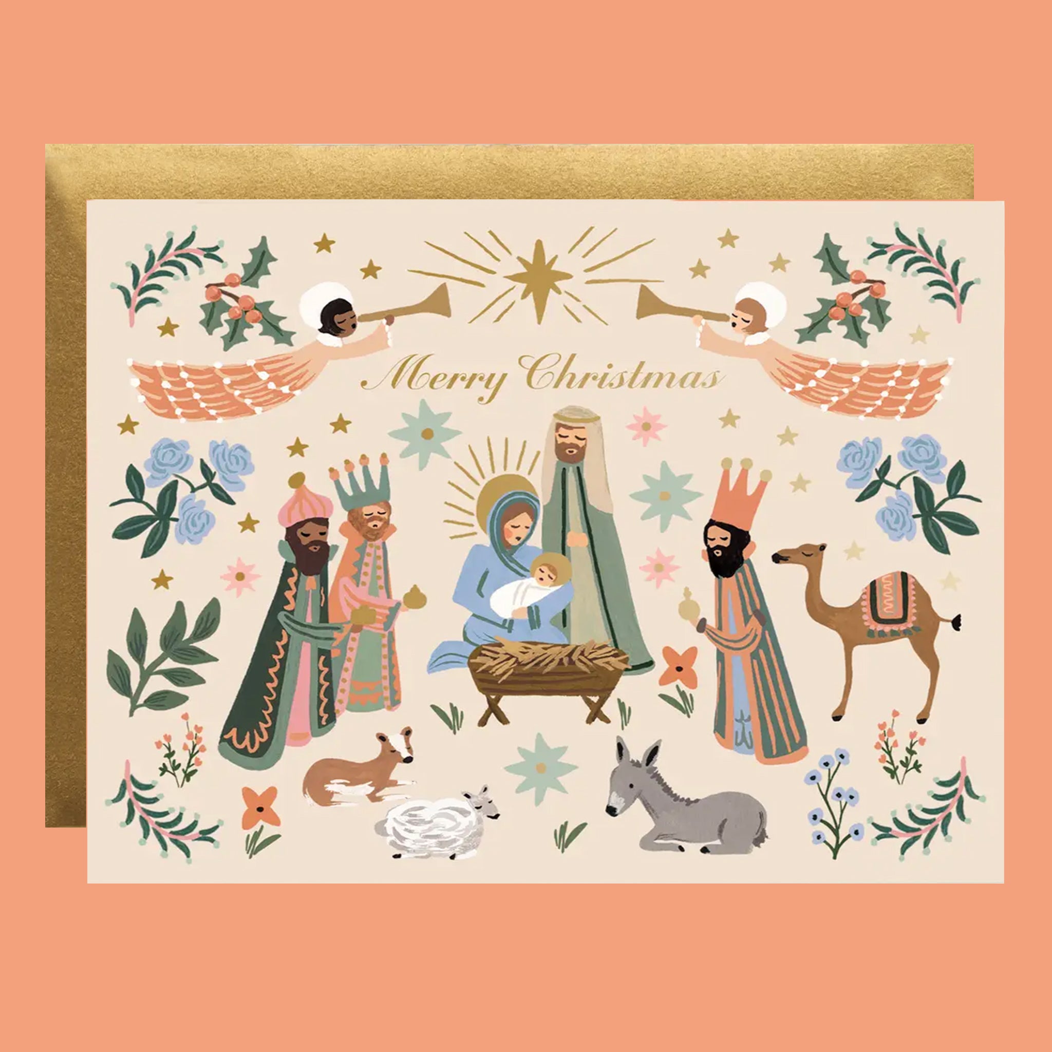Christmas card with nativity scene illustration on a peach background