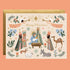 Christmas card with nativity scene illustration on a peach background