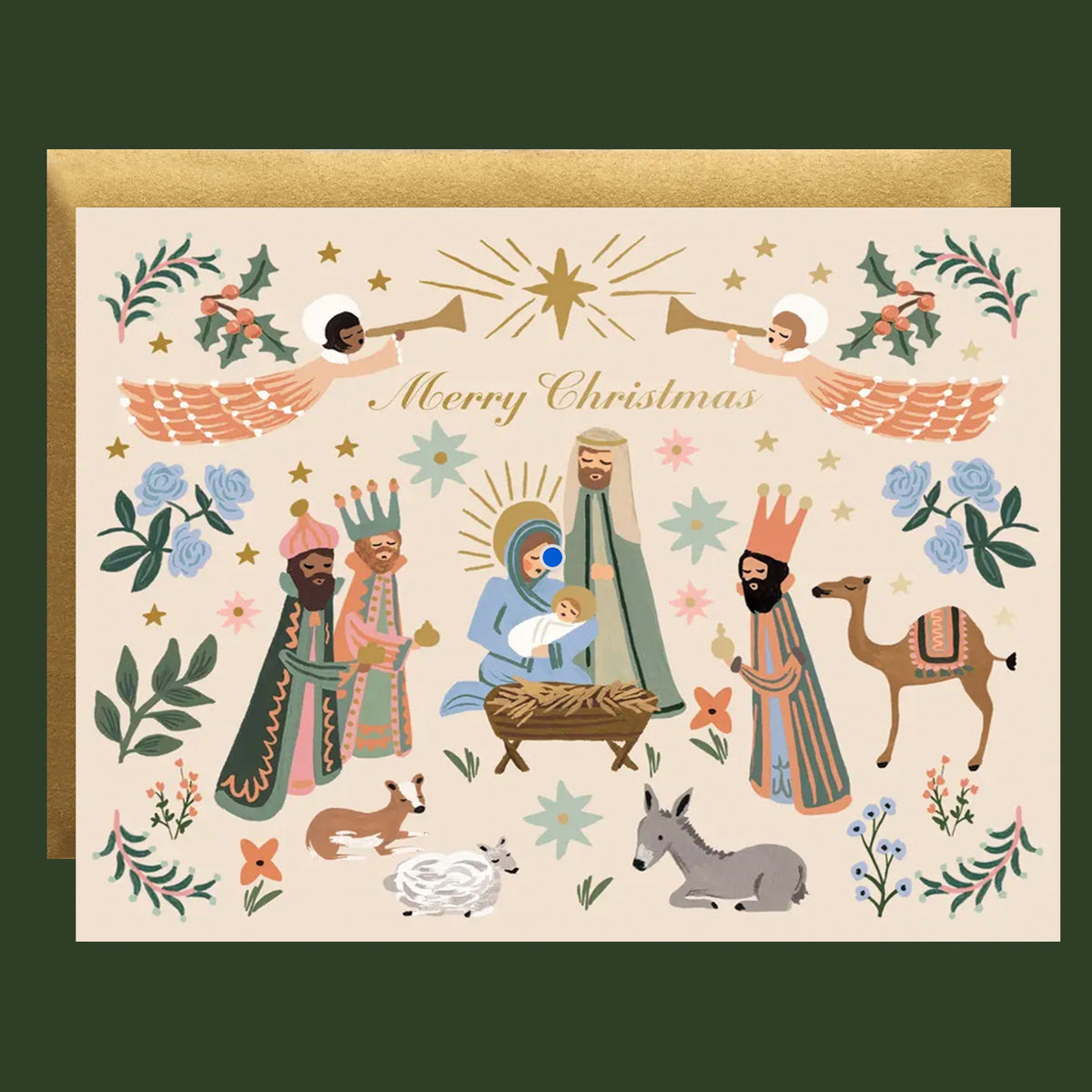 Christmas card with nativity scene illustration on a peach background