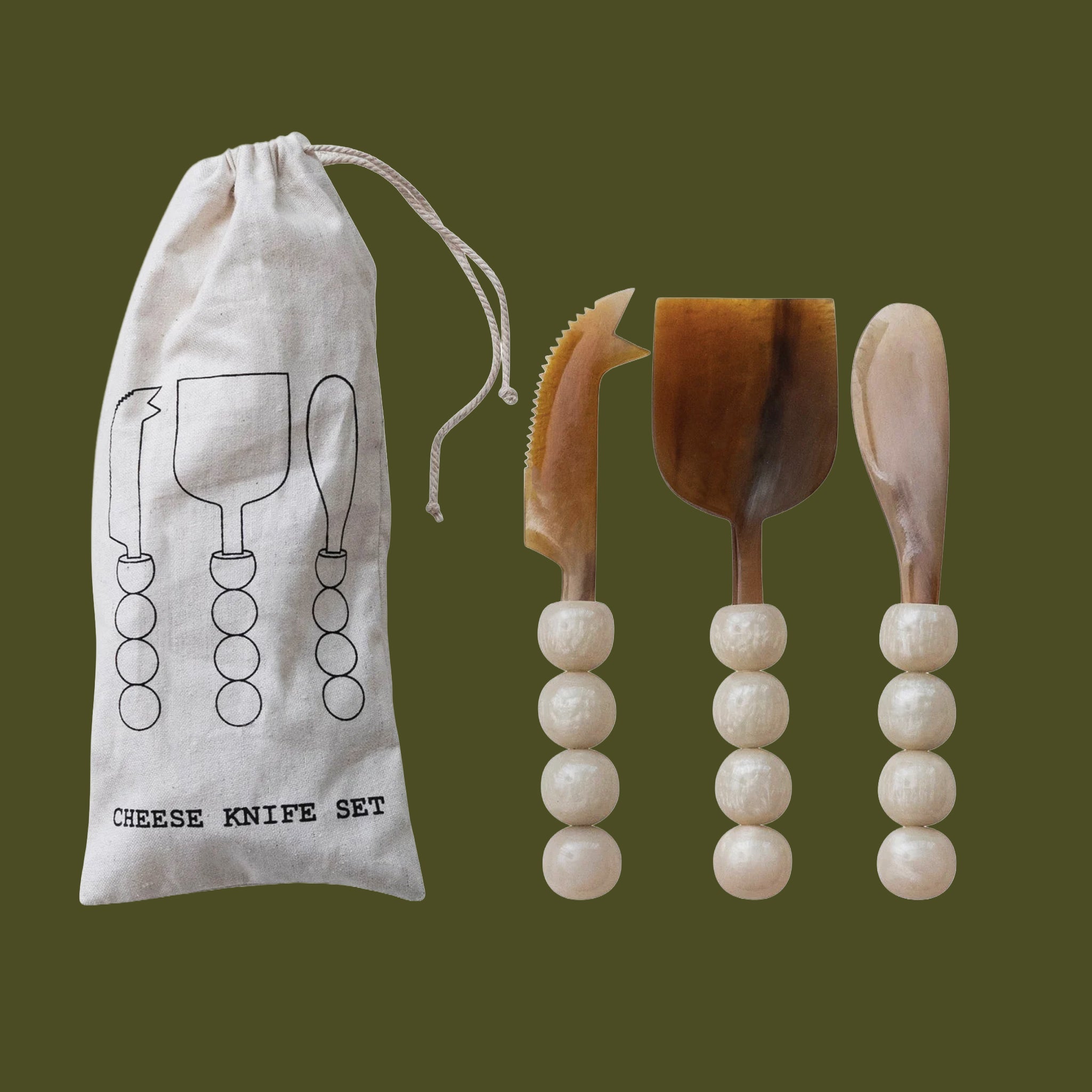 Natural Horn Cheese Knives with Resin Handles | Set of 3