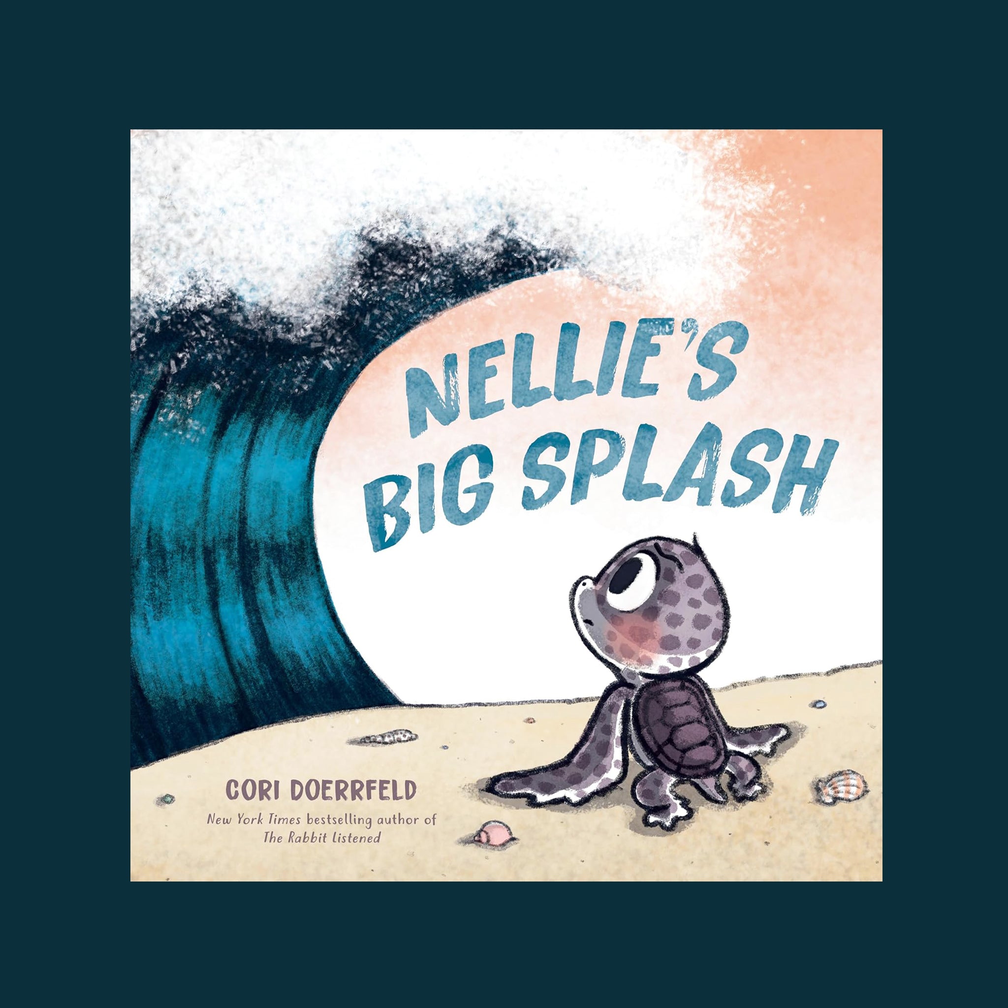 A book with a graphic of a big wave and a tiny turtle and text that reads, 'Nellie's Big Splash'. 