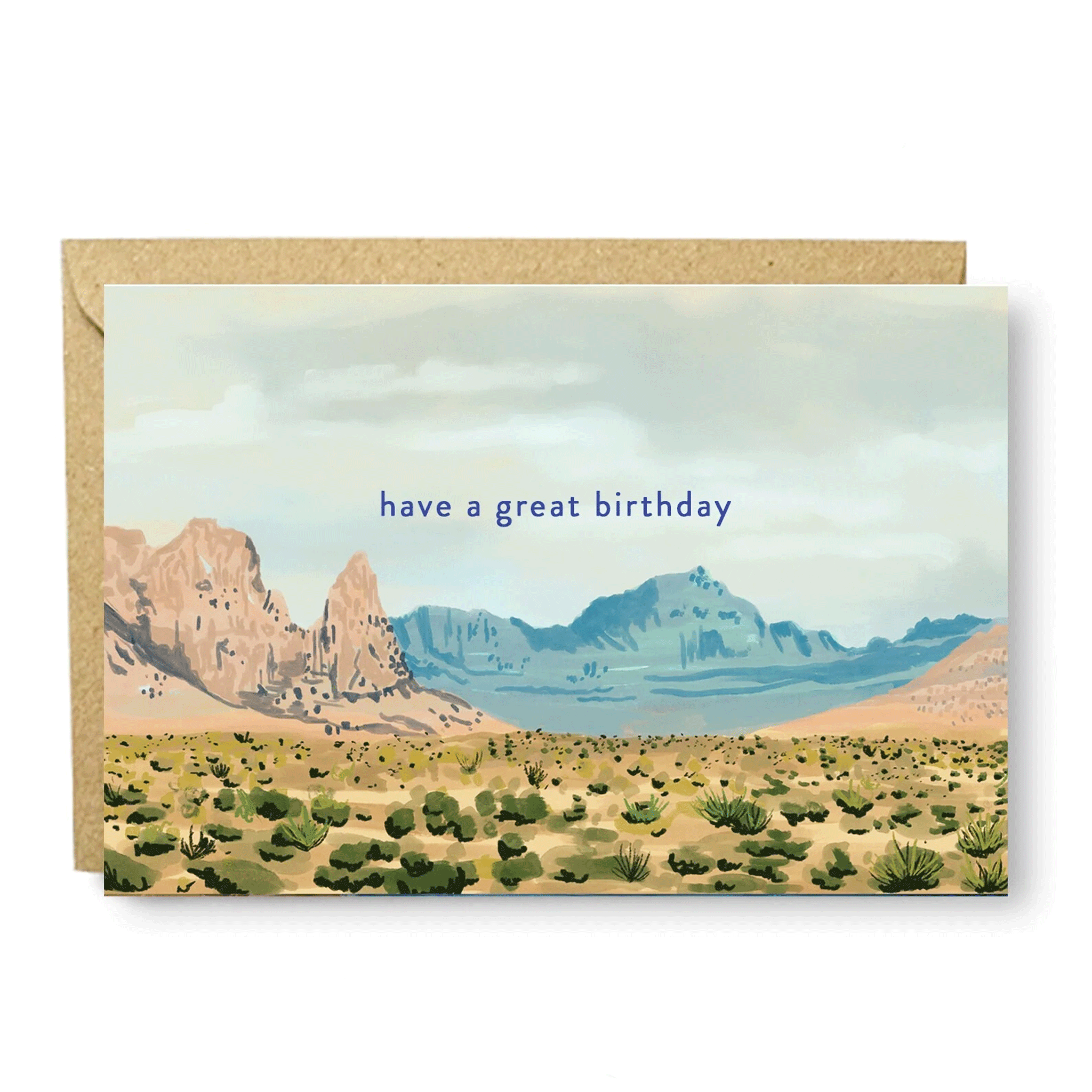 On a white background is a greeting card with a Nevada inspired landscape with text in the center that reads, &quot;have a great birthday&quot;.