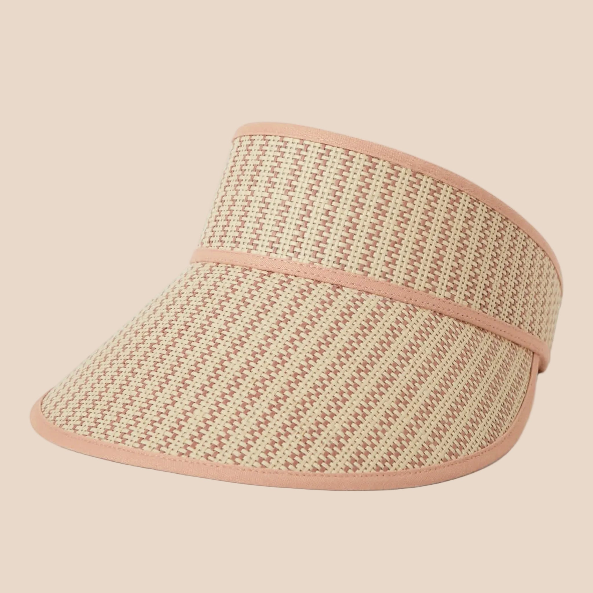 A straw and tan visor sun hat. 