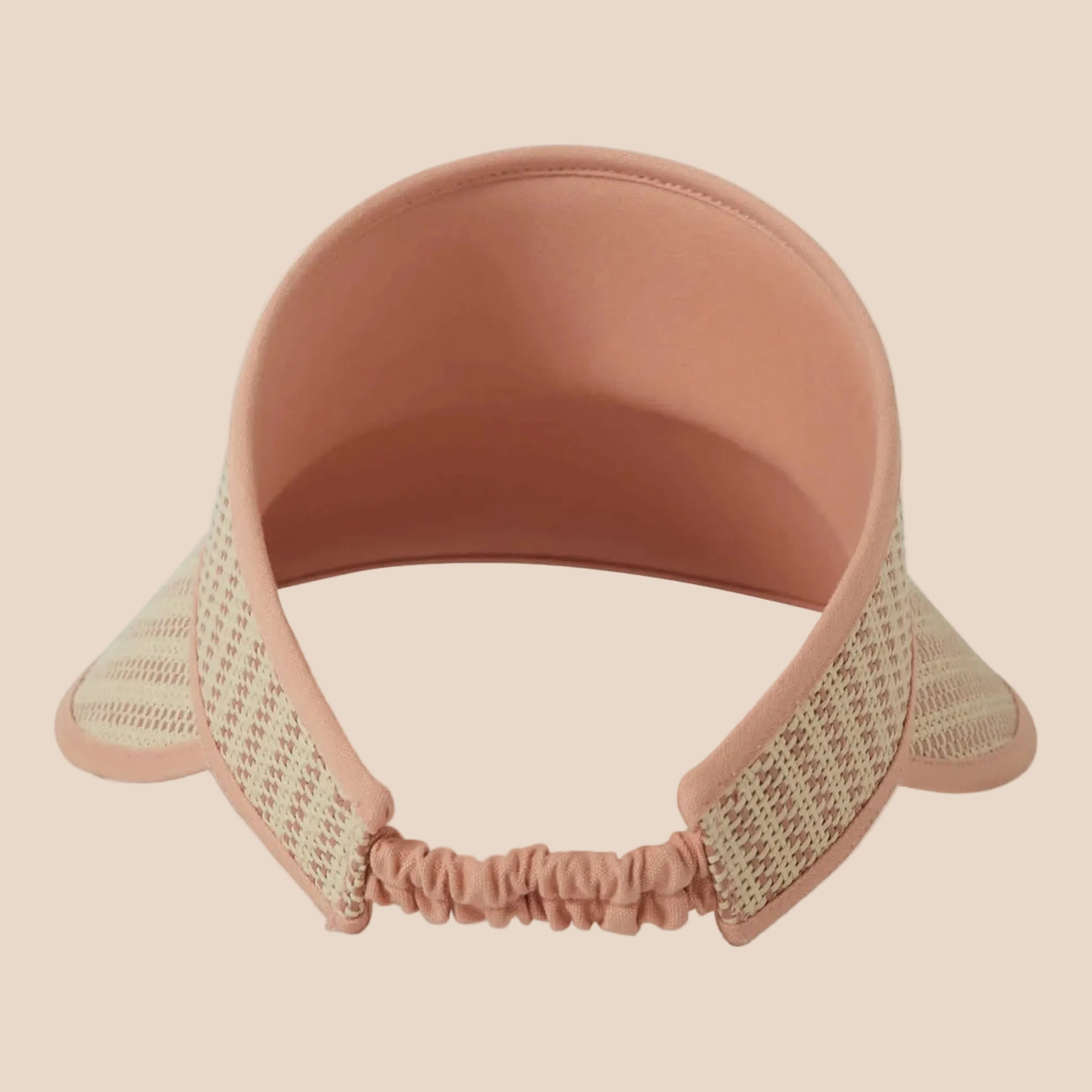 A straw and tan visor sun hat. 