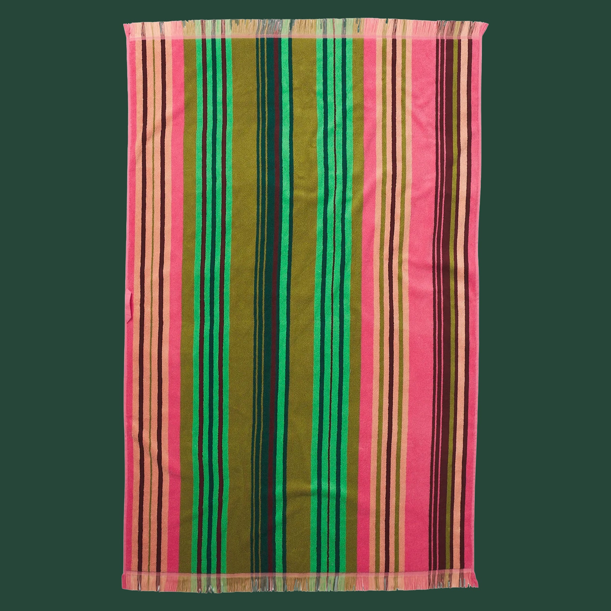 Striped bath towel with vertical bands in pink, green, olive, and brown, finished with fringe edges.