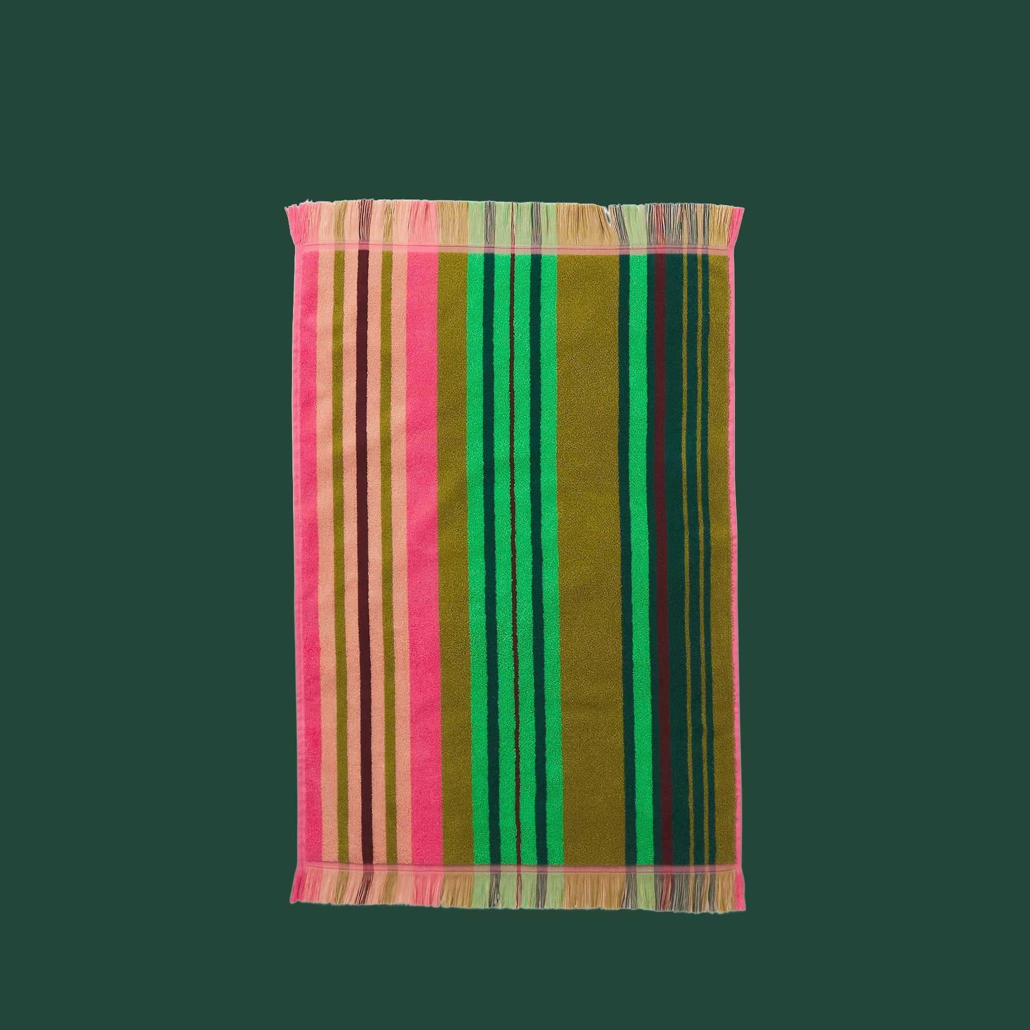 Striped hand towel with vertical bands in pink, green, olive, and brown, finished with fringe edges.