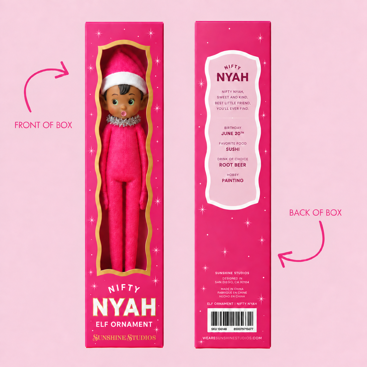 A hot pink elf ornament named nifty nyah