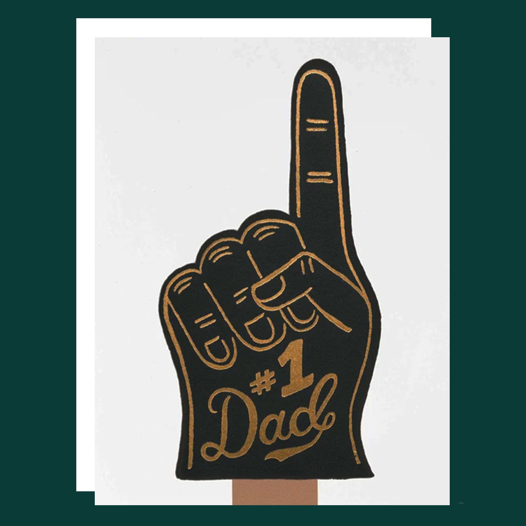 A white card with a graphic of a black foam finger with gold foiled text and details that read, &quot;