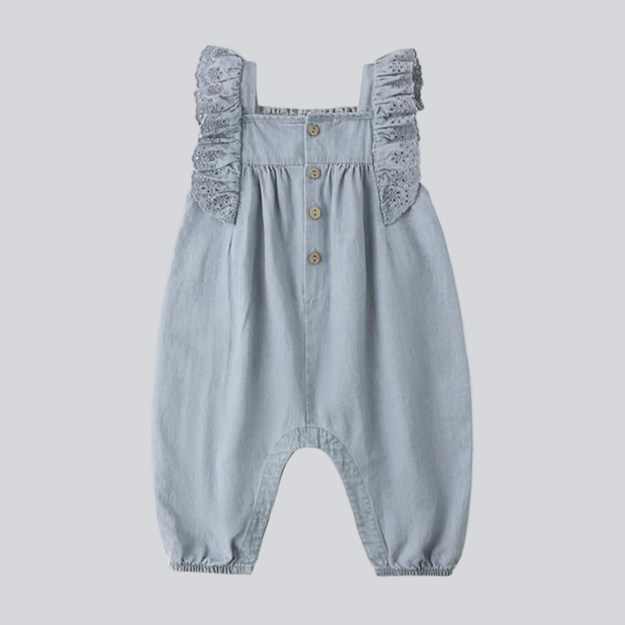 A denim blue colored ruffle romper for kids and babies.