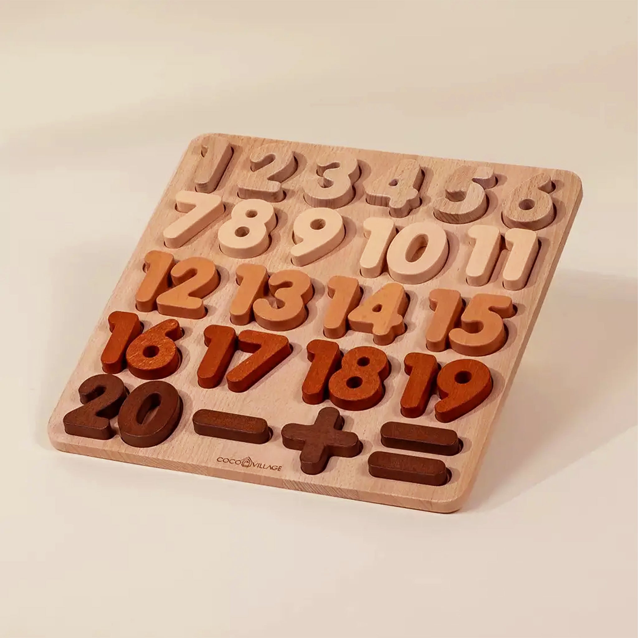 A wooden numbers puzzle game. 