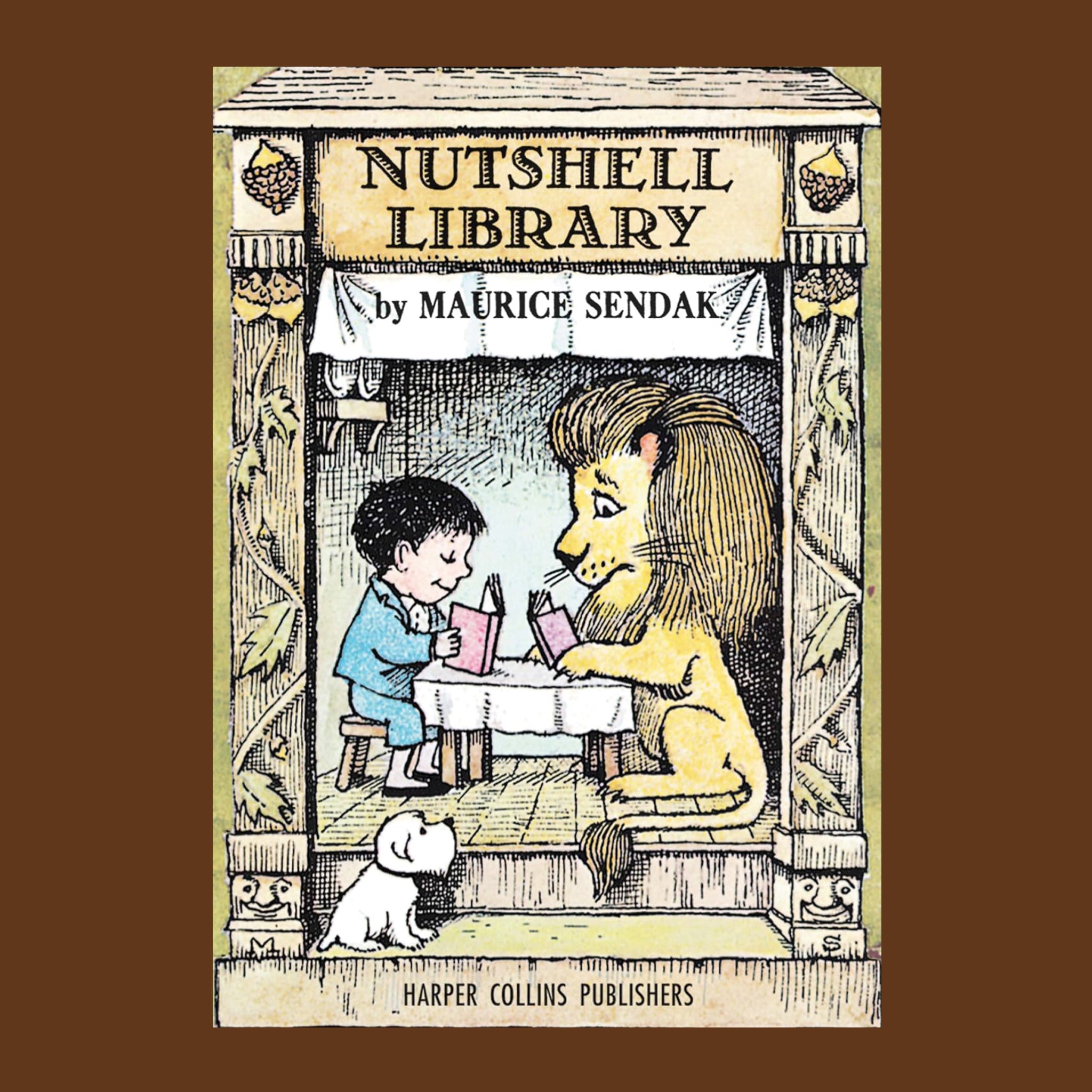 A book cover with a lion and a little boy reading at a table and the title that reads, "Nutshell Library".