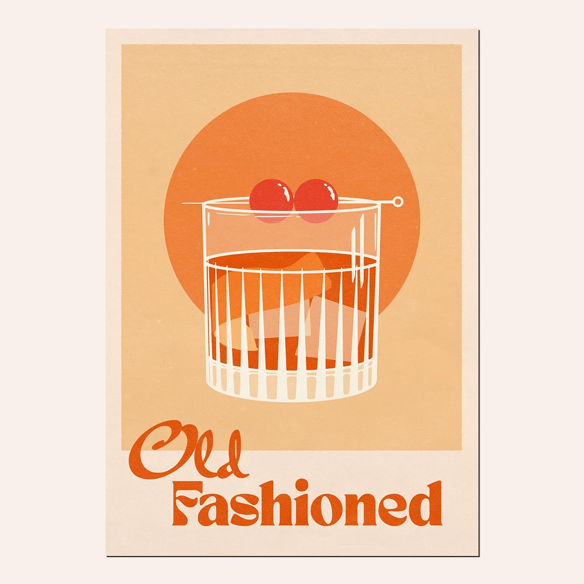 On a white background is an orange art print with an ivory border and a graphic of an old fashioned cocktail and orange text that reads, &quot;Old Fashioned&quot;.
