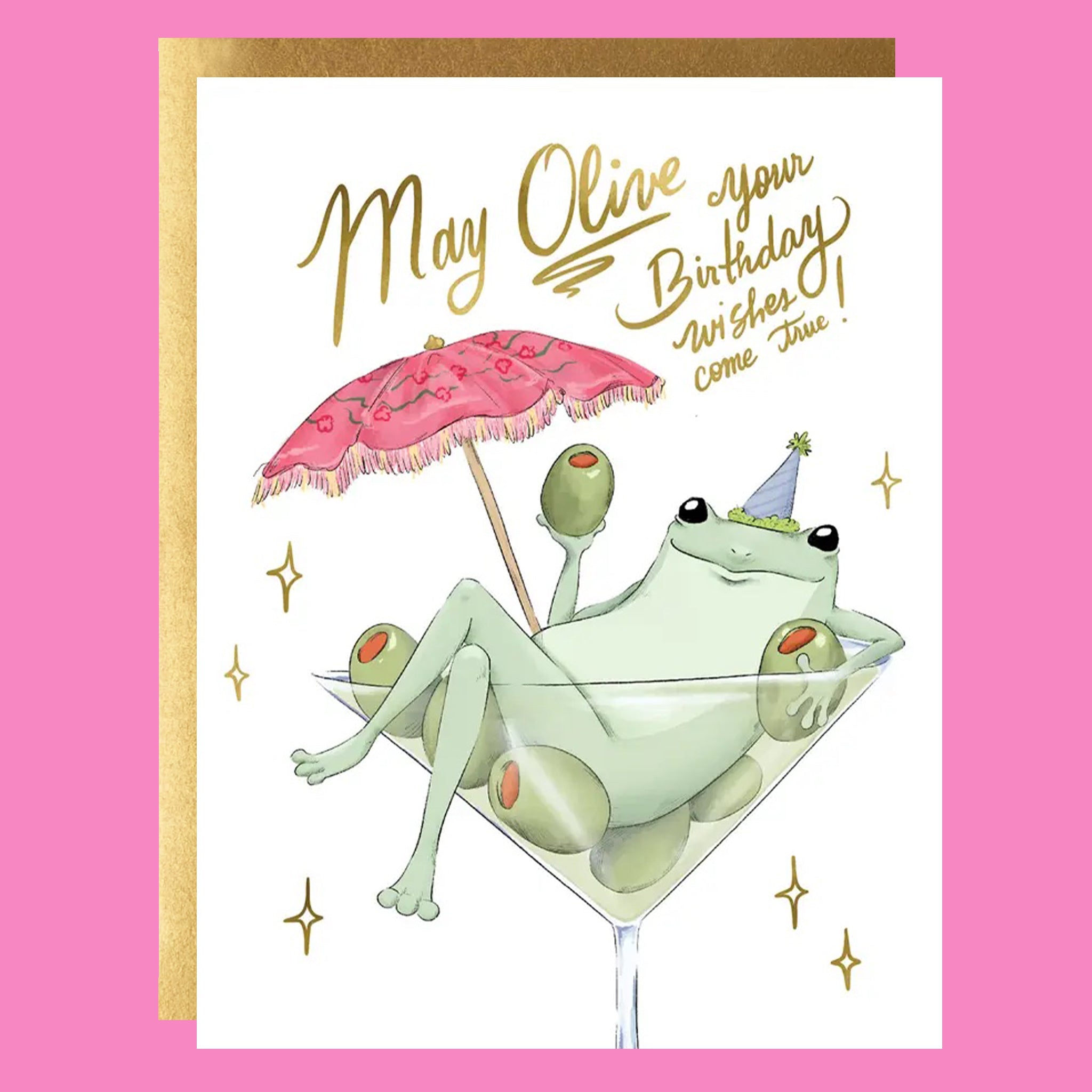 Greeting card with a frog in a martini glass. The frog has on a party hat and is surrounded by olives. The card reads "May olive your birthday wishes come true!"